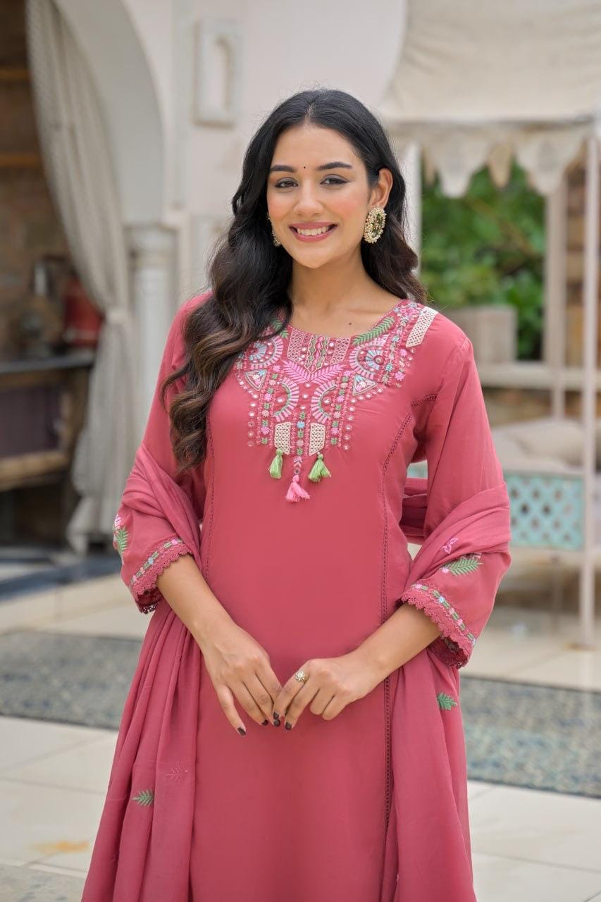 Rose Pink Embroidered Straight Kurta Set with Pant & Dupatta
