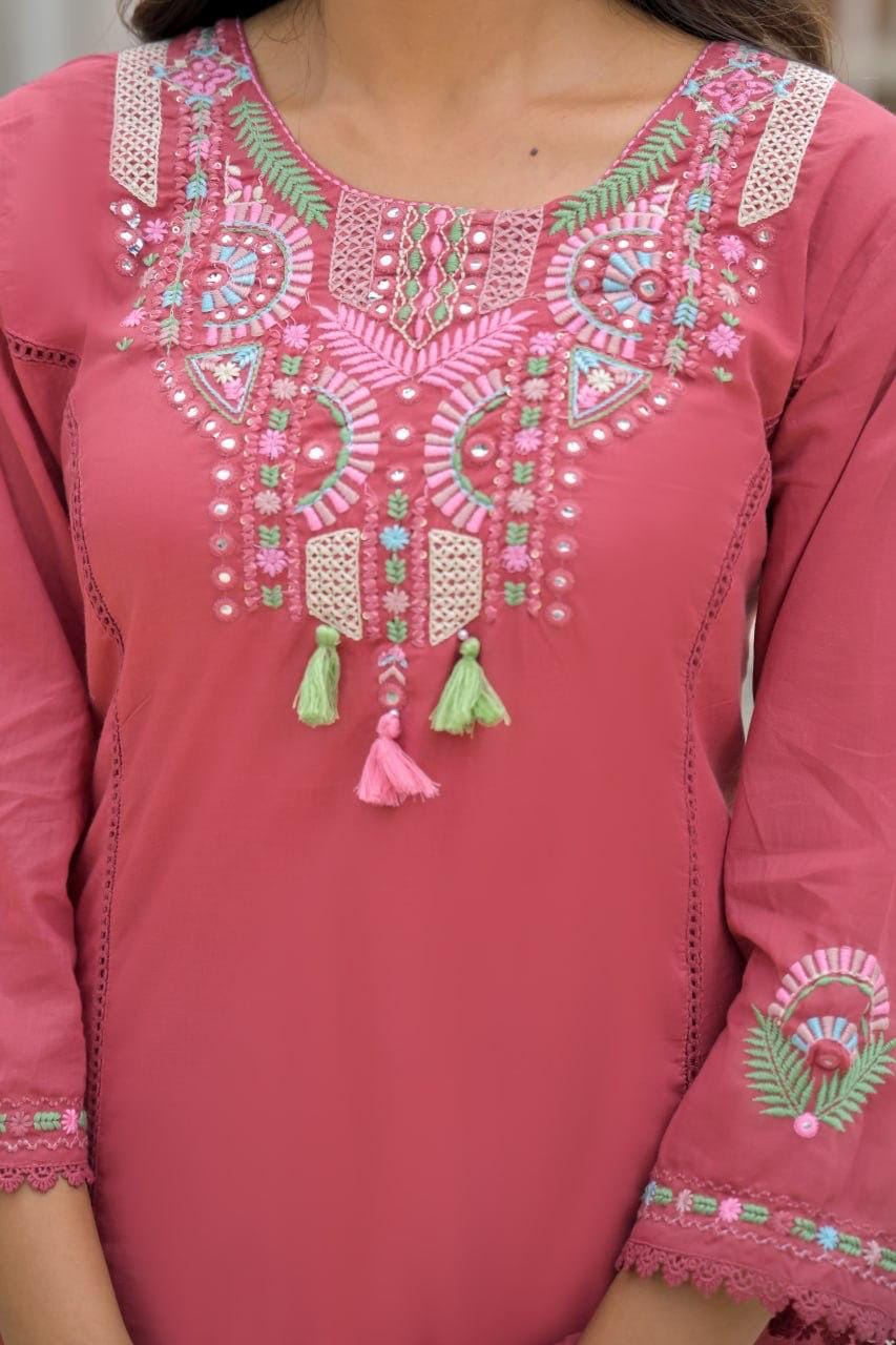 Rose Pink Embroidered Straight Kurta Set with Pant & Dupatta