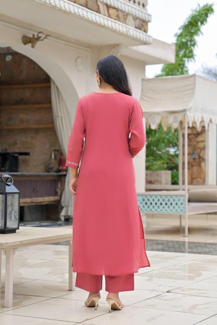 Rose Pink Embroidered Straight Kurta Set with Pant & Dupatta