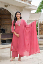 Rose Pink Embroidered Straight Kurta Set with Pant & Dupatta