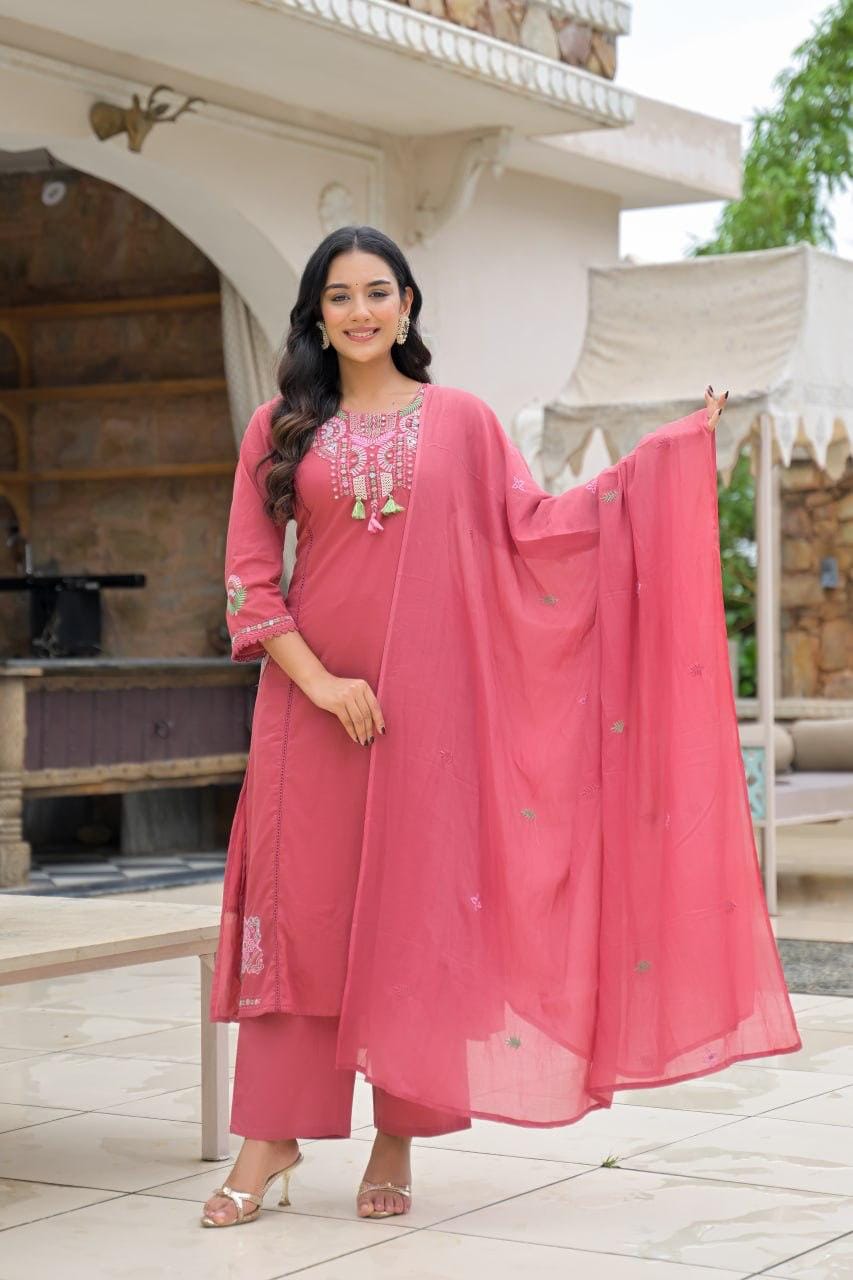 Rose Pink Embroidered Straight Kurta Set with Pant & Dupatta