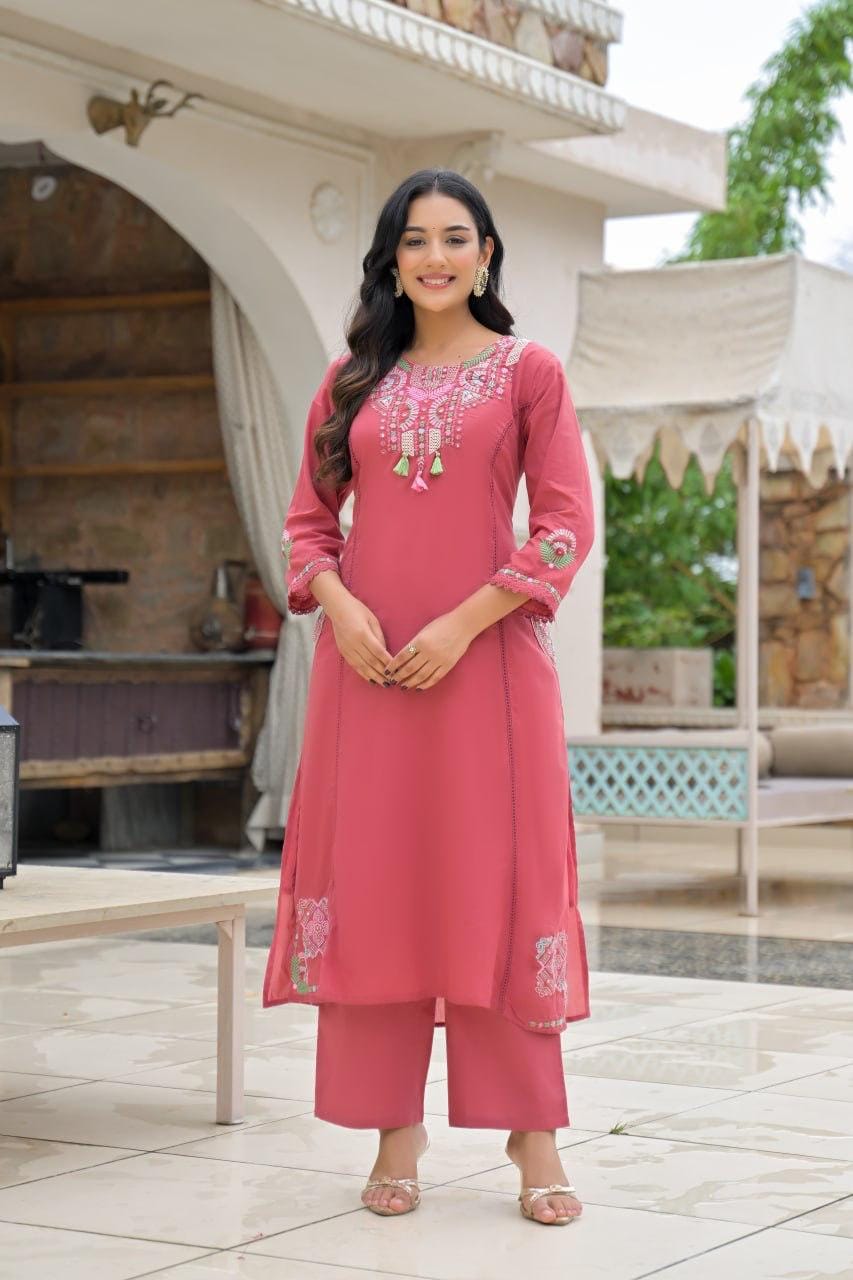 Rose Pink Embroidered Straight Kurta Set with Pant & Dupatta