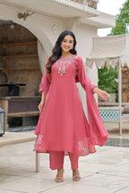 Rose Pink Embroidered Straight Kurta Set with Pant & Dupatta