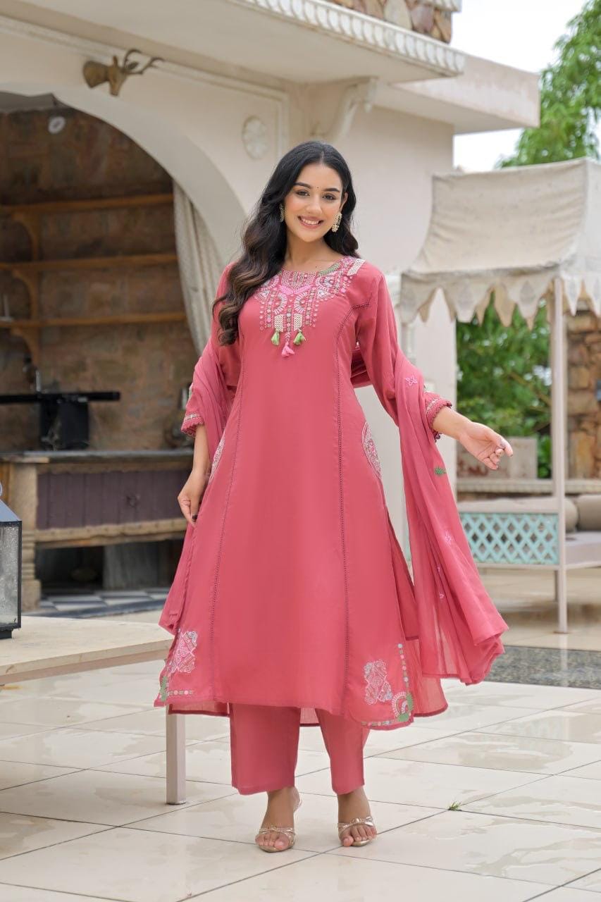 Rose Pink Embroidered Straight Kurta Set with Pant & Dupatta