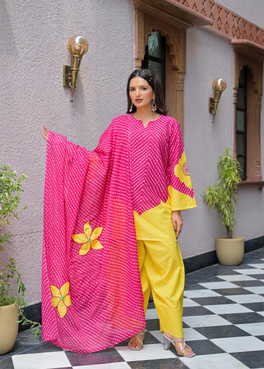 Pink & Yellow Lahriya Printed Farshi Suit Set
