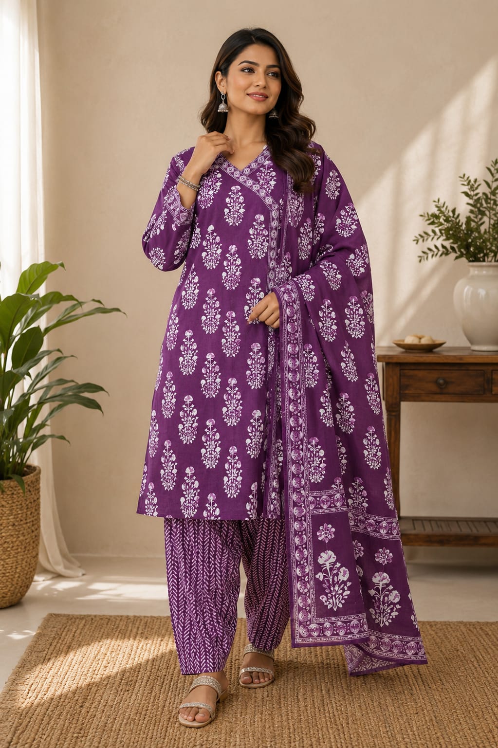 Purple Buta Print Cotton Suit Set | DJ01