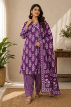 Purple Buta Print Cotton Suit Set | DJ01