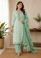 Mint Blossom Cotton Straight Kurti Set | DJ09