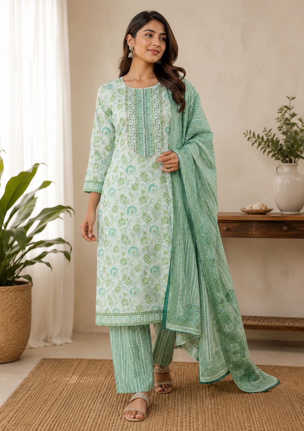 Mint Blossom Cotton Straight Kurti Set | DJ09