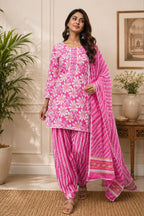 Pink Floral Cotton Farshi Kurta Set With Dupatta | DJ03