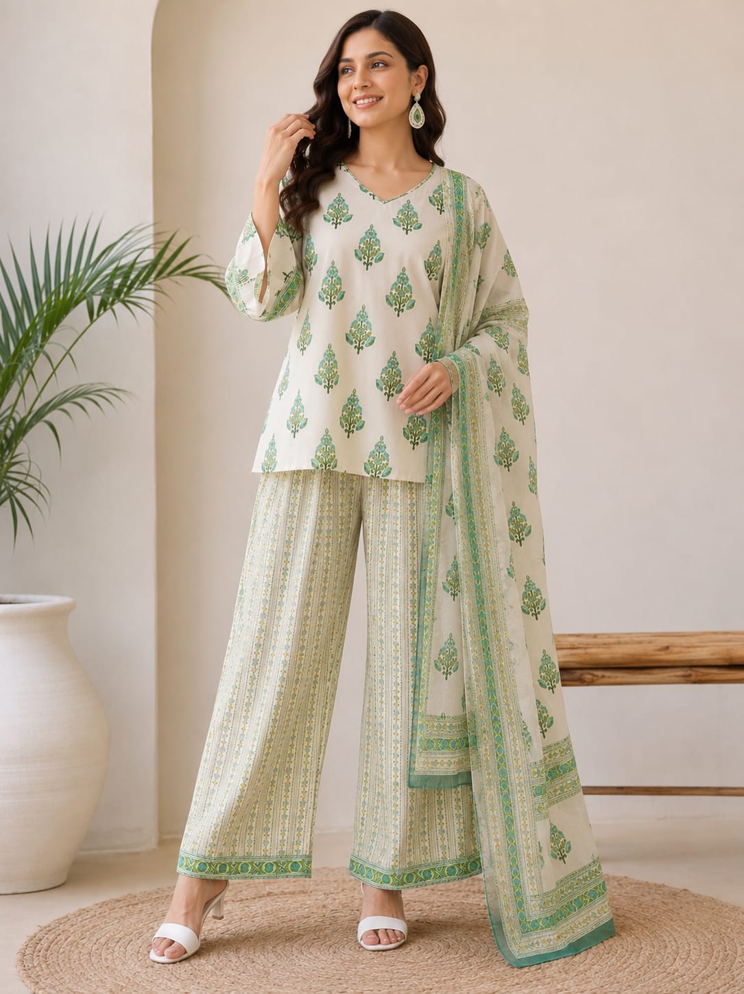 Green Buti Cotton Farshi Kurta Set With Dupatta | DJ13