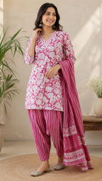 Rose Pink Floral Cotton Farshi Kurta Set With Dupatta | DJ06