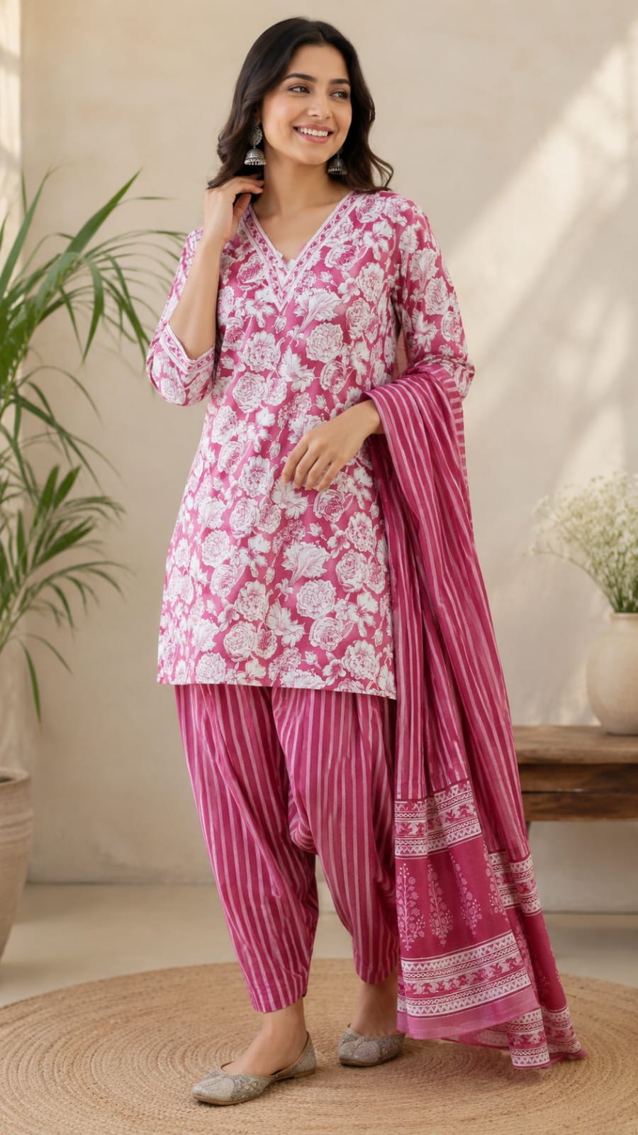 Rose Pink Floral Cotton Farshi Kurta Set With Dupatta | DJ06
