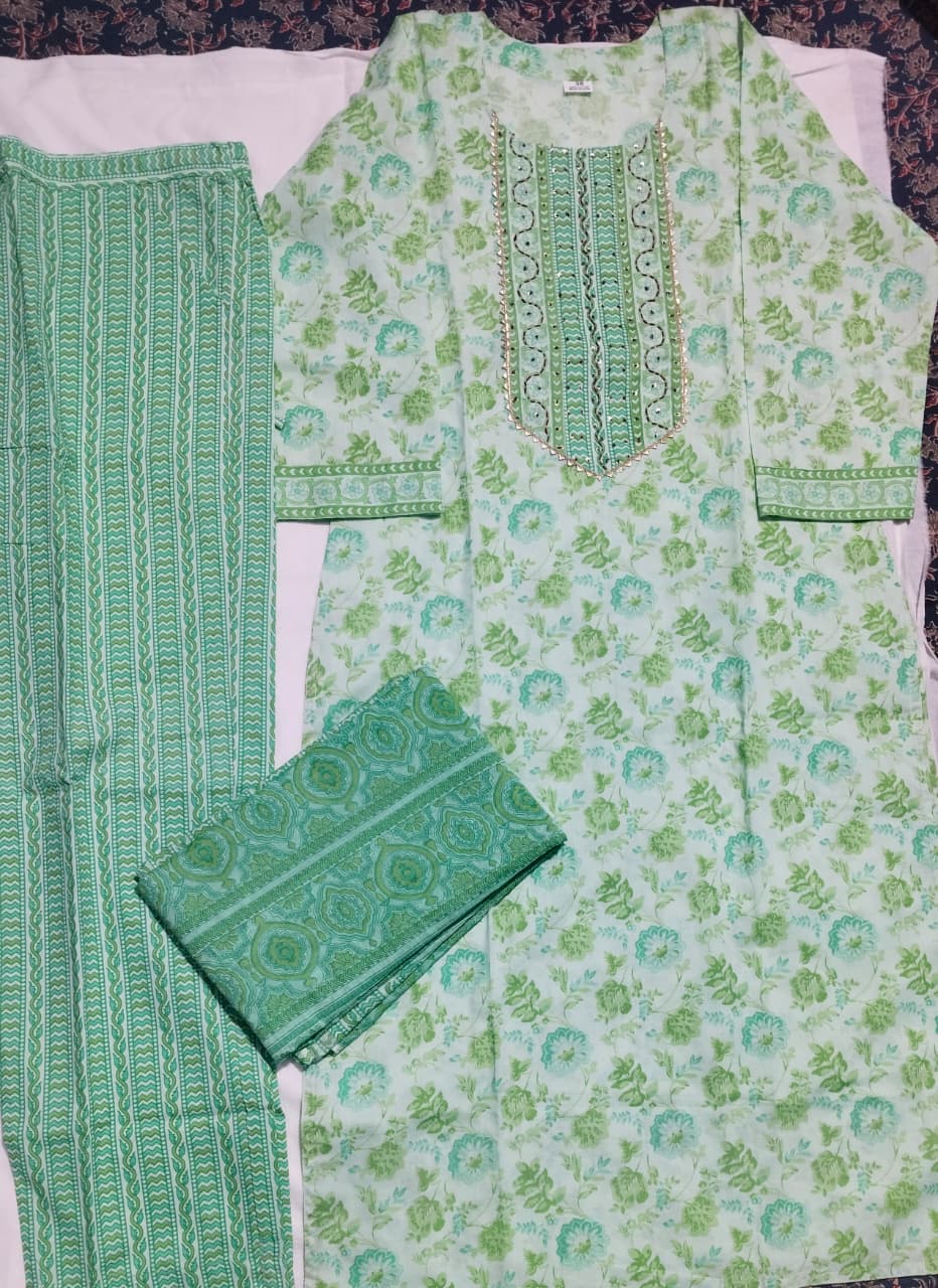 Mint Blossom Cotton Straight Kurti Set | DJ09
