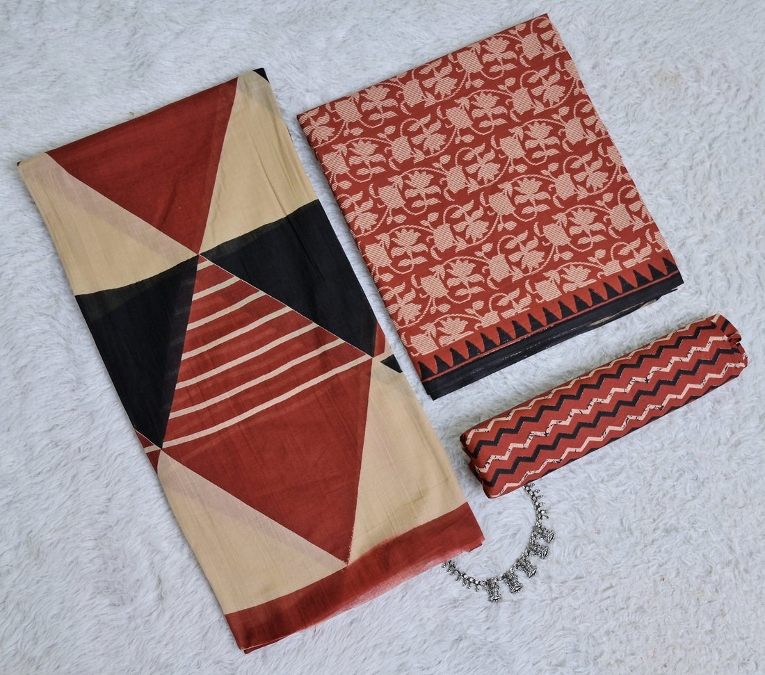 Red Printed Cotton 3-Piece Unstitched Dress Material Set AJ115