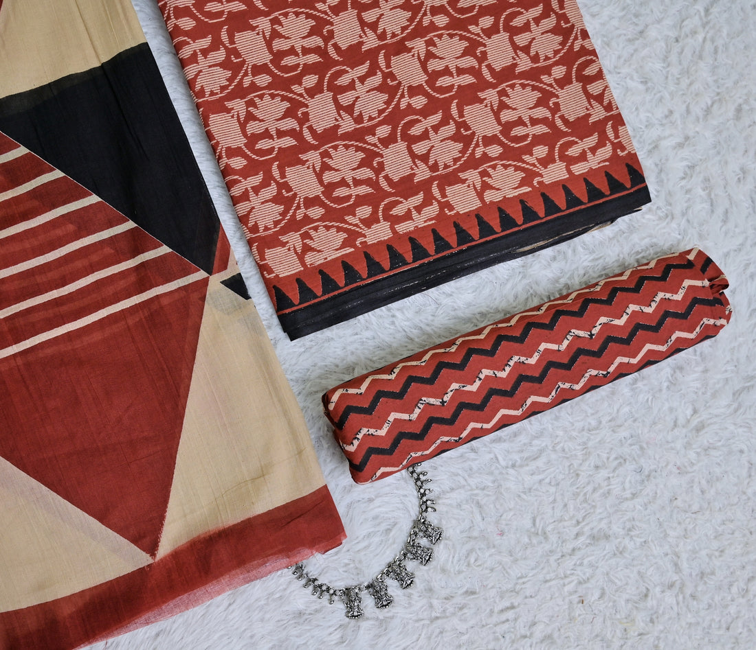 Red Printed Cotton 3-Piece Unstitched Dress Material Set AJ115