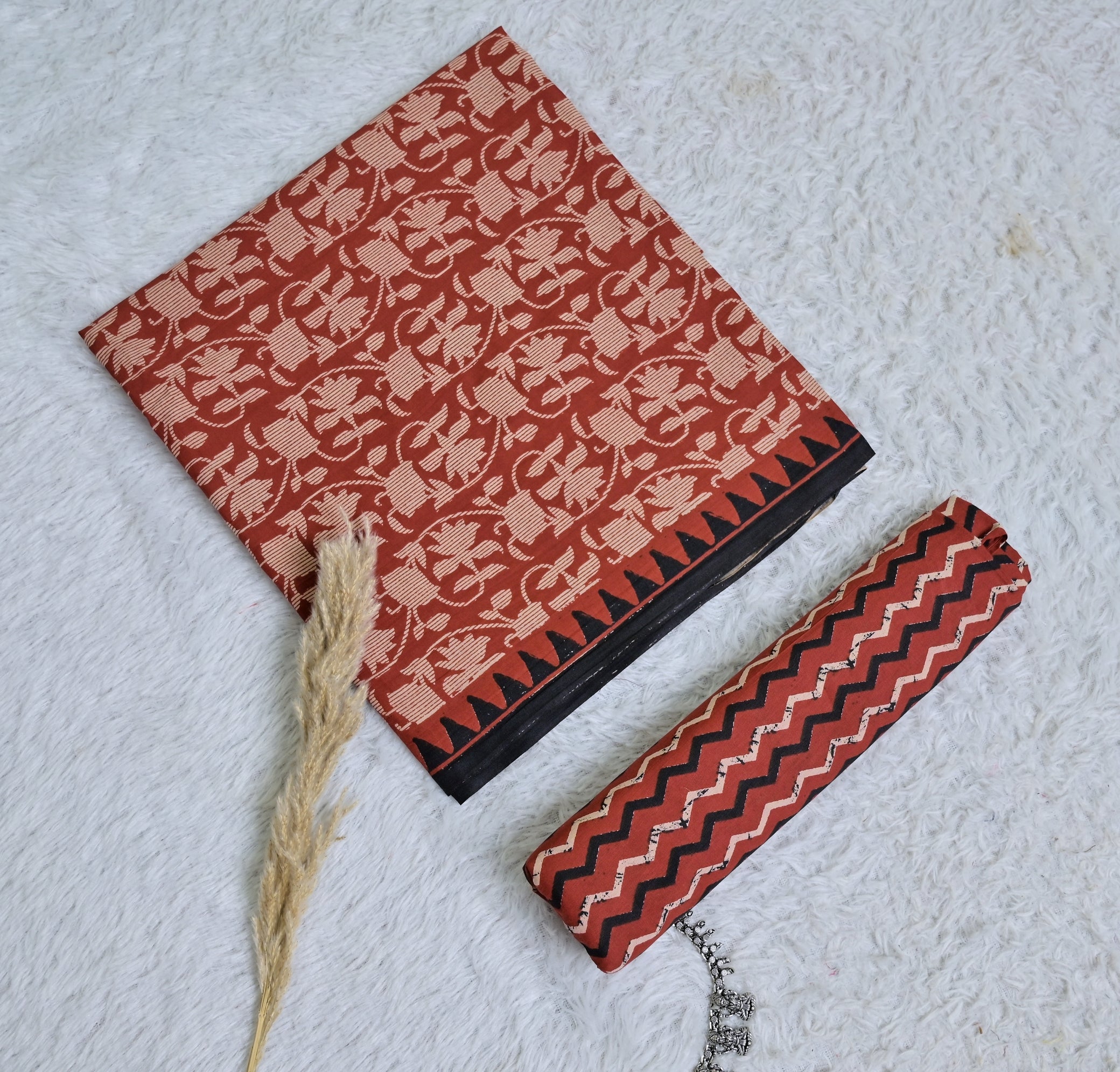 Red Printed Cotton 3-Piece Unstitched Dress Material Set AJ115