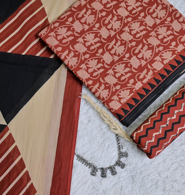 Red Printed Cotton 3-Piece Unstitched Dress Material Set AJ115