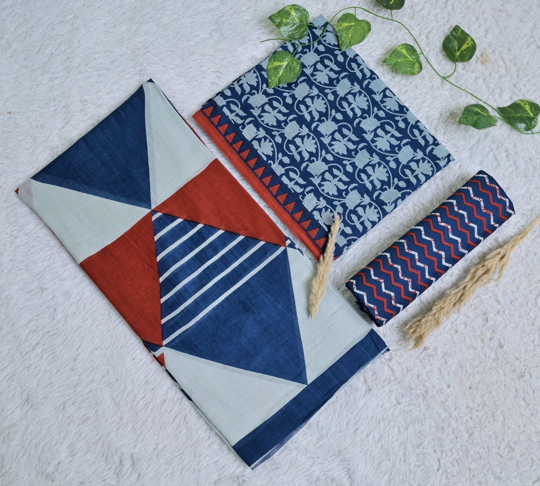 Printed Blue Cotton 3-Piece Unstitched Dress Material AJ116