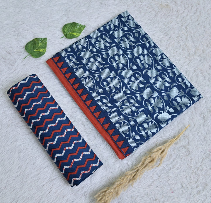 Printed Blue Cotton 3-Piece Unstitched Dress Material AJ116