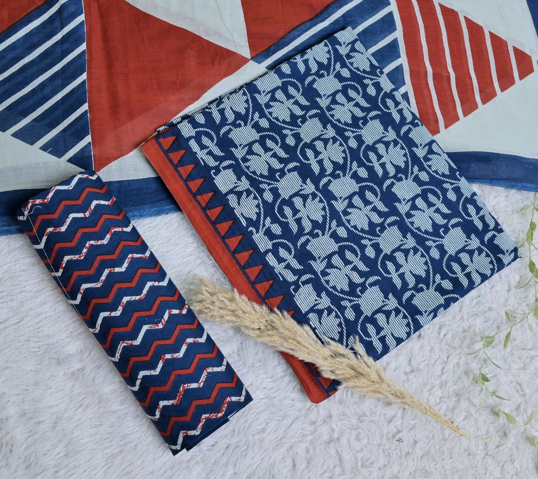 Printed Blue Cotton 3-Piece Unstitched Dress Material AJ116