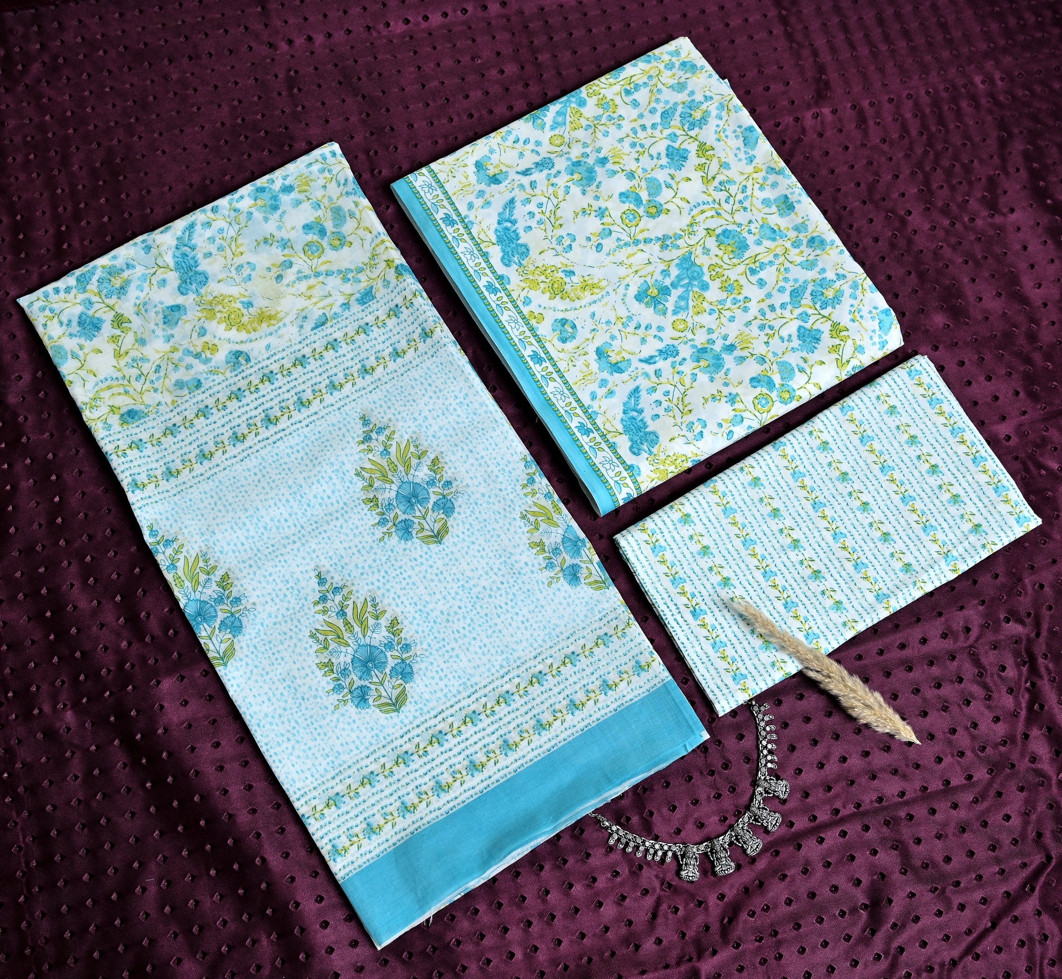 Floral Print Cotton 3-Piece Unstitched Dress Material - Sky Blue Cream AJ_149