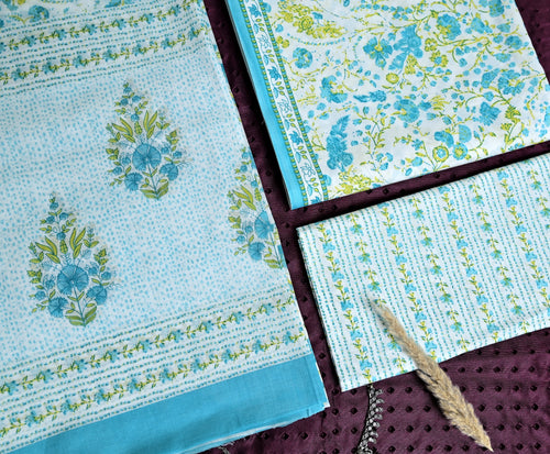 Floral Print Cotton 3-Piece Unstitched Dress Material - Sky Blue Cream AJ_149