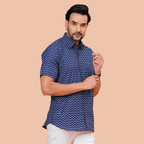 Navy Blue Buti Print Casual Office Wear Shirt for Men – Half Sleeve