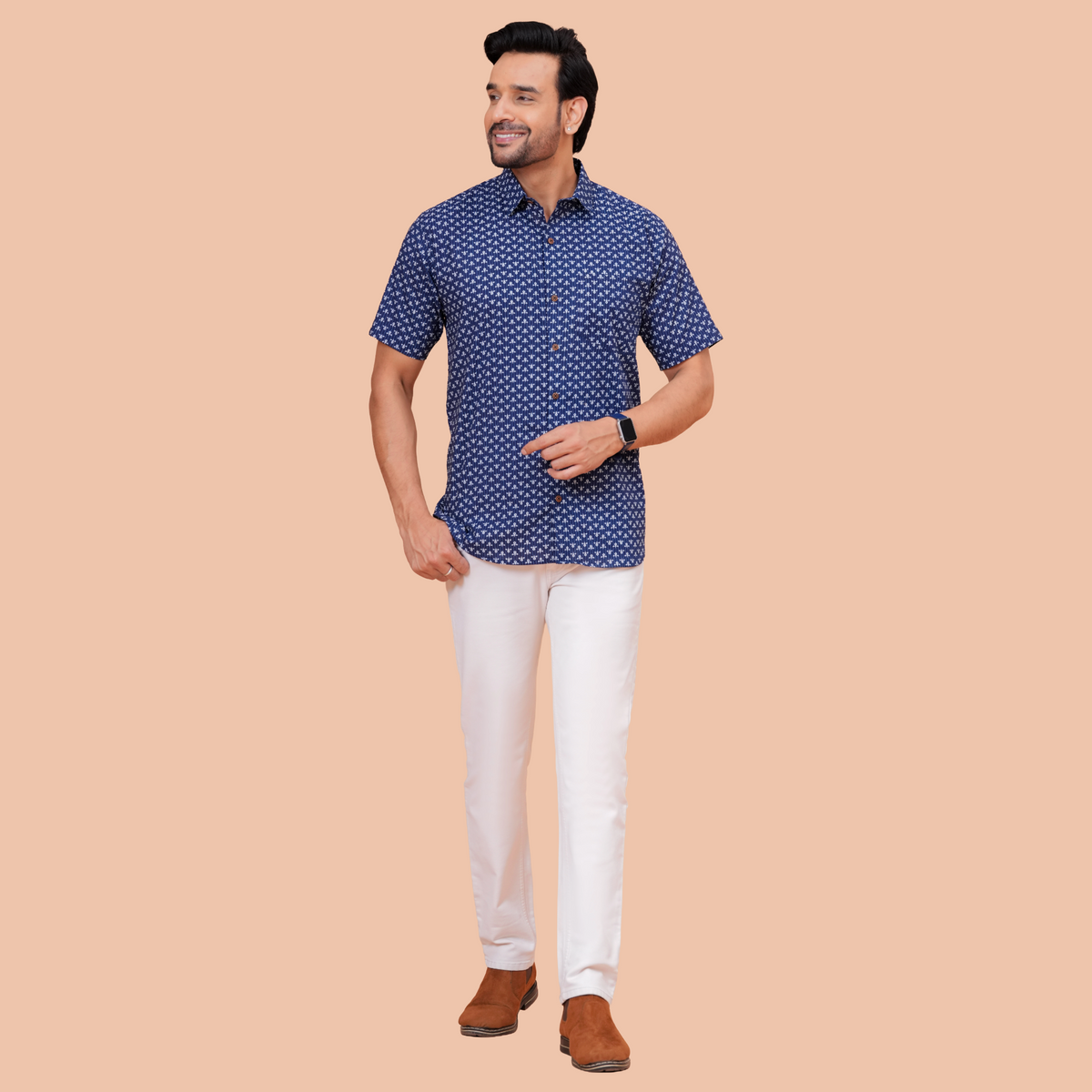 Navy Blue Buti Print Casual Office Wear Shirt for Men – Half Sleeve