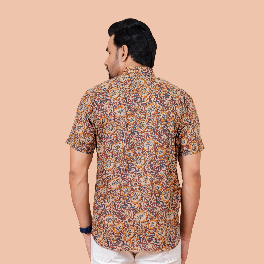 Earthy Ochre Jaal Printed Pure Cotton Shirt for Men | Dooriya Jaipur