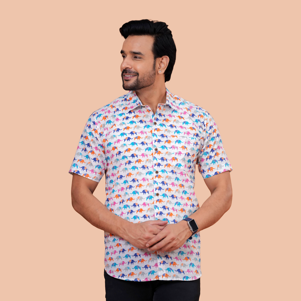 Off-White Multi-Color Pop Elephant Pure Cotton Shirt for Men | Dooriya Jaipur