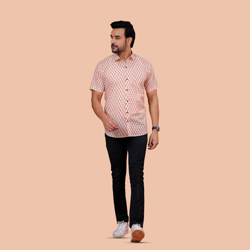Cream & Pink Floral Buti Pure Cotton Shirt for Men | Dooriya Jaipur