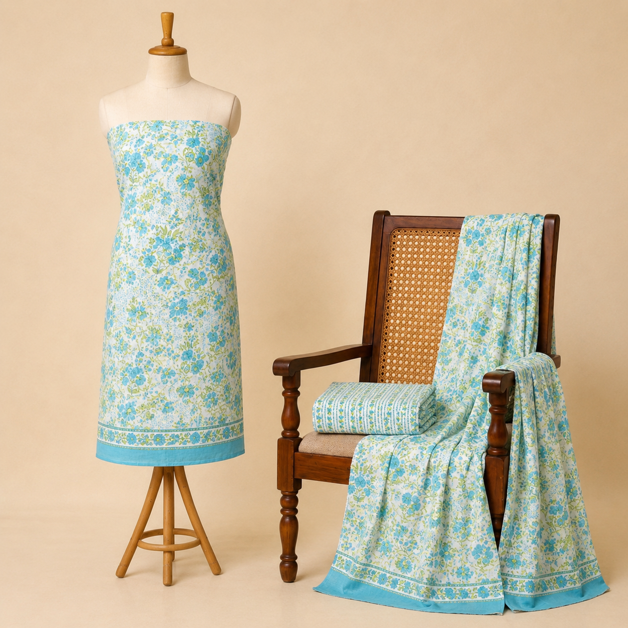 Floral Print Cotton 3-Piece Unstitched Dress Material - Sky Blue Cream AJ_149