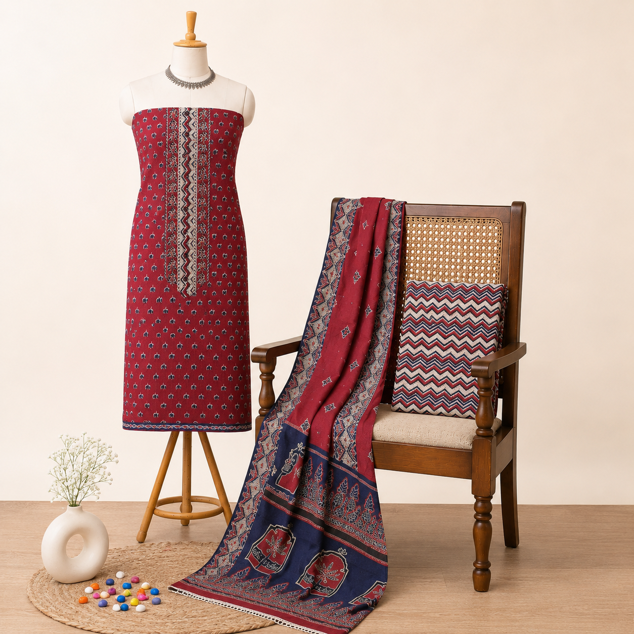 Maroon Gotta Patti Handblock Cotton Unstitched Suit Set with Dupatta – Atharva Jaipur