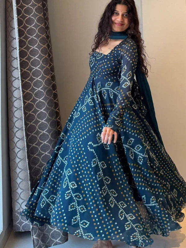 Teal Blue Bandhani Print Cotton Anarkali Suit Set DJ 201