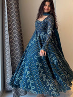 Teal Blue Bandhani Print Cotton Anarkali Suit Set DJ 201