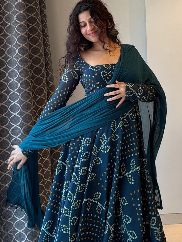 Teal Blue Bandhani Print Cotton Anarkali Suit Set DJ 201