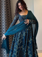 Teal Blue Bandhani Print Cotton Anarkali Suit Set DJ 201