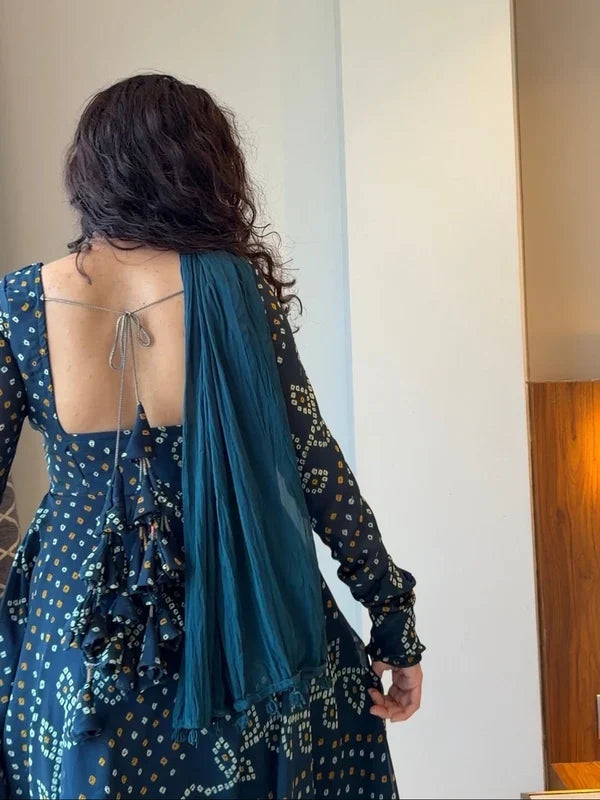 Teal Blue Bandhani Print Cotton Anarkali Suit Set DJ 201