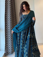 Teal Blue Bandhani Print Cotton Anarkali Suit Set DJ 201