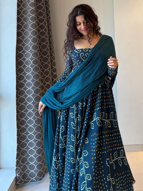 Teal Blue Bandhani Print Cotton Anarkali Suit Set DJ 201