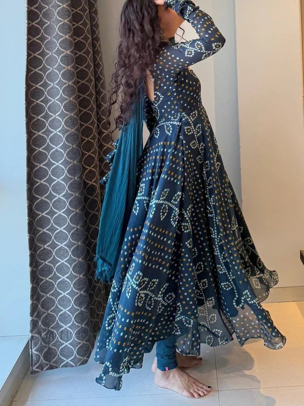Teal Blue Bandhani Print Cotton Anarkali Suit Set DJ 201
