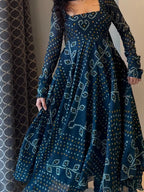 Teal Blue Bandhani Print Cotton Anarkali Suit Set DJ 201