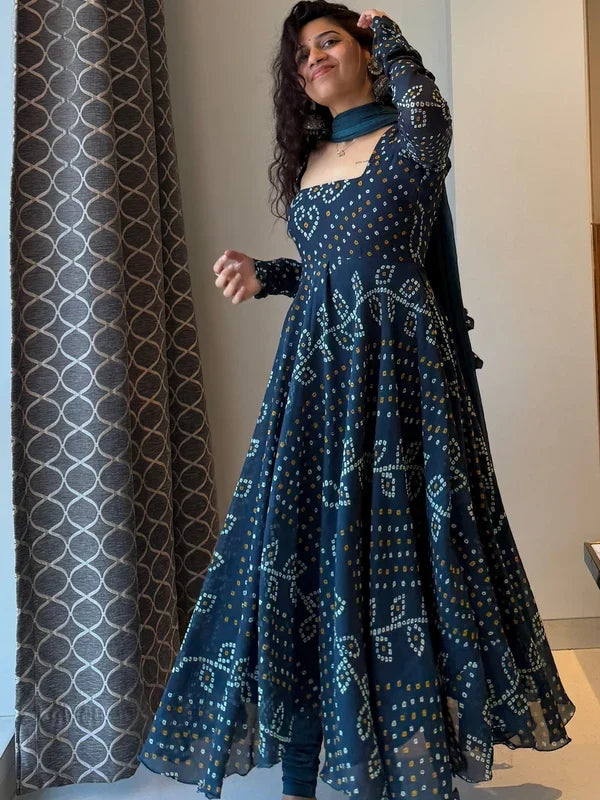 Teal Blue Bandhani Print Cotton Anarkali Suit Set DJ 201