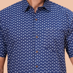 Navy Blue Buti Print Casual Office Wear Shirt for Men – Half Sleeve