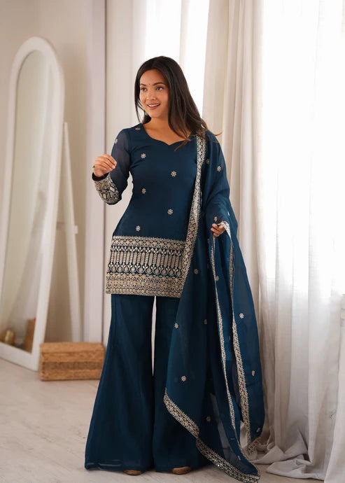 Teal Blue Sequin Kurta Set for Women | Wedding & Festive Wear