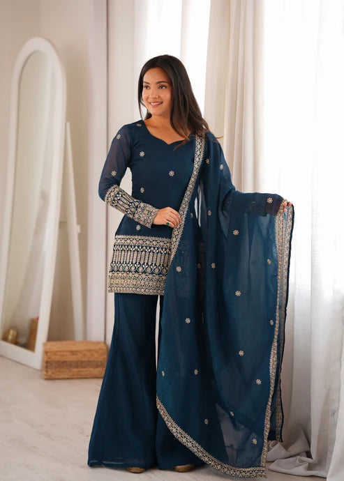 Teal Blue Sequin Kurta Set for Women | Wedding & Festive Wear