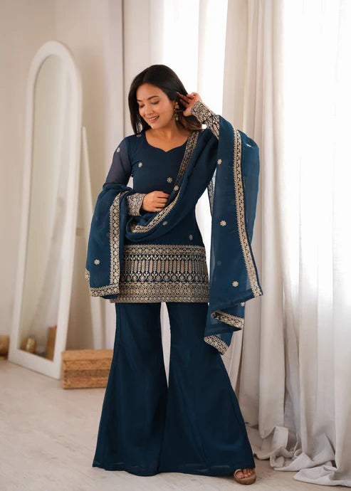 Teal Blue Sequin Kurta Set for Women | Wedding & Festive Wear
